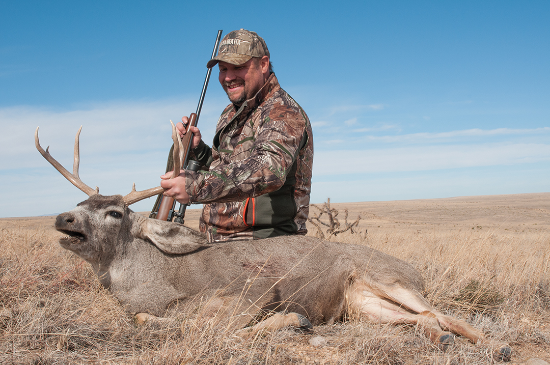 A Ruger M77 Hawkeye 6.5 Creedmoor was used on this old desert muley. The scope is a well-used Trijicon 3-9x 40mm AccuPoint with a traditional reticle and a fiber optic dot adjustable for brightness. The combination serves well out to beyond 400 yards.